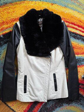 Danier XS Black/Off White Leather/Fur Jacket